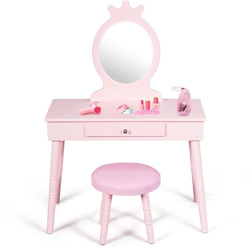 COSTWAY Kindermake-uptafel, 2-in-1 make-uptafel en bureau met afneembare spiegel en kruk, kaptafel met lade en dennenpoten, make-uptafel tot 65 kg belastbaar, 70 x 34 x 100 cm (roze)
