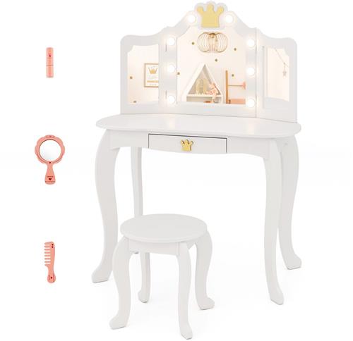 COSTWAY Make-uptafel voor kinderen, met verlichting, kaptafel voor meisjes met drievoudig inklapbare spiegel en lade, make-uptafel van hout met kruk, kinderkaptafel set voor kinderen vanaf 3 jaar