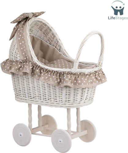 LifeStages - Rieten Poppenwagen - Willow Poppenwagen met Beddengoed - Perfect Cadeau Idee - Willow Poppenwagen - Mooie Rieten Speelgoedmand Kinderwagen voor Poppen Speelgoed voor Meisjes - (Beige)A
