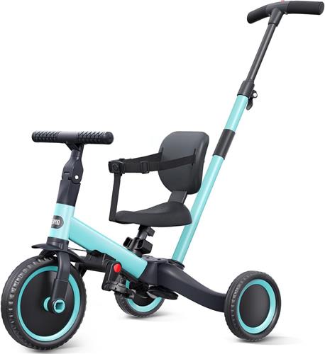Tricycle voor 1-3 Jaar - Kinderfiets voor Jongens en Meisjes - Trike met Duwhandvat voor Ouders - Fiets met Rugleuning en Veiligheidsriem - Blauw
