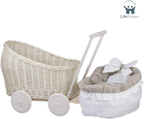 LifeStages - Rieten Poppenwagen - Wilg Poppenwagen met Beddengoed - Perfect Cadeau Idee - Wilg Poppenwagen - Mooi Rieten Speelgoed - Mand Kinderwagen voor Poppen Speelgoed voor Meisjes