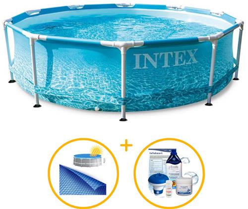 Intex zwembad rond 305 x 76 | Beachside Metal Frame met filterpomp | Zwembadpakket | Solar afdekzeil | Chloorpakket