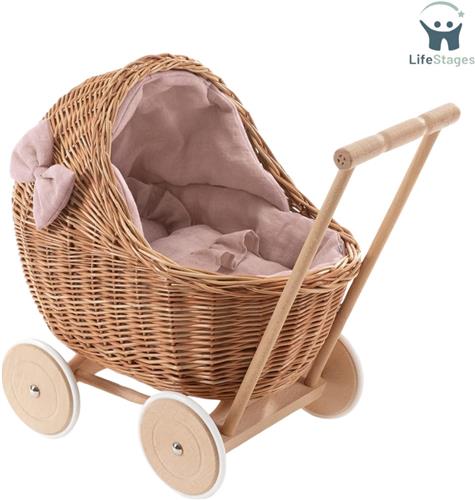 LifeStages - Rieten Poppenwagen - Wilgentenen Poppenwagen Met Linnen Beddengoed - Wilgentenen Speelgoed - Natuurlijk Kinderspeelgoed - Cadeau Voor Kinderen