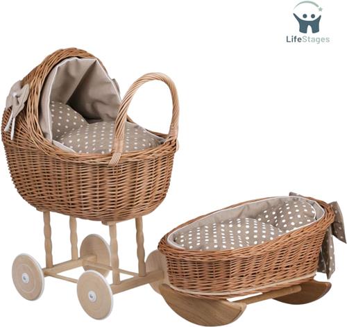 LifeStages - Rieten Poppenwagen - Poppenwagen en Poppenwieg - Gemaakt van Wilgentenen met Beddengoed - Perfect Cadeau Idee - Mooi Gevlochten Mandje Wieg Speelgoed voor Poppen - Speelgoed voor Meisjes