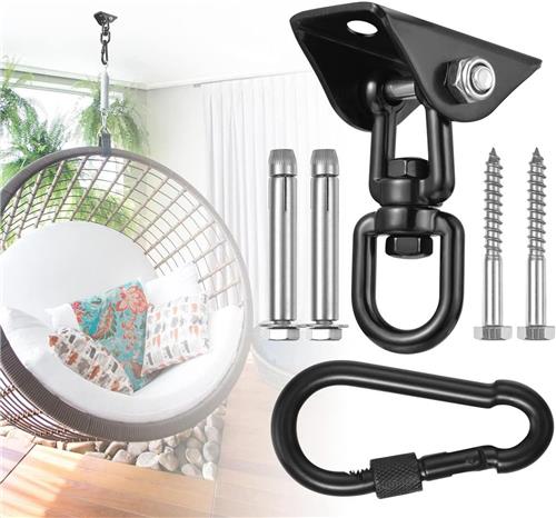 Thelau - Plafondhaak voor Hangstoel - 360 graden Draaibaar - Ophanging Schommel of Hangmat - Haak met Schroef - Beton/Hout - Speelplaats/Veranda - Trapeze/Yoga - Zwart - Schommelhaak