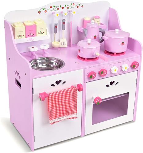COSTWAY Kinderkeuken met houten kookgerei, speelkeuken met theedoekhouder en handdoek, roze kinderkeuken voor kleine kinderen
