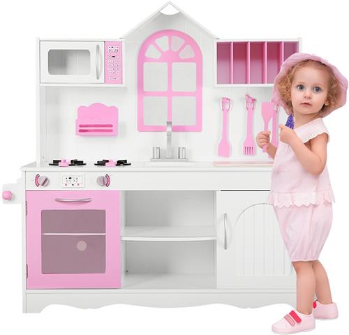 COSTWAY Kinderkeuken, speelkeuken hout met gootsteen & haak & oven & magnetron, kinderkeuken incl. accessoires, speelgoedkeuken voor kinderen vanaf 3 jaar, roze en wit