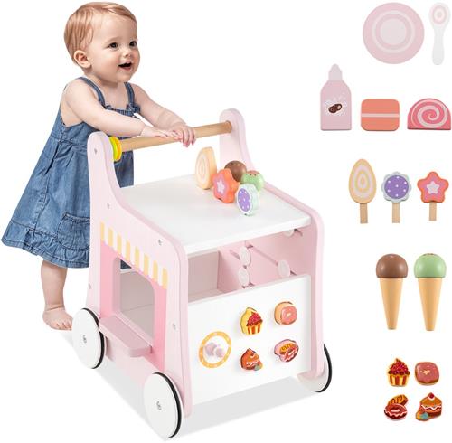 COSTWAY Houten loophulp met opbergruimte, dessertwinkel op wielen met ijs, schuivers, labyrint, bord en lepel, Montessori-activiteitencentrum voor kinderen vanaf 1 jaar (roze)