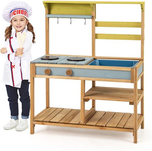 COSTWAY Modderkeuken voor kinderen, outdoor, kinderkeuken hout met waterfunctie, speelkeuken voor kinderen met haak en afneembaar rek, tuinkeuken, cadeaus voor kinderen vanaf 3 jaar