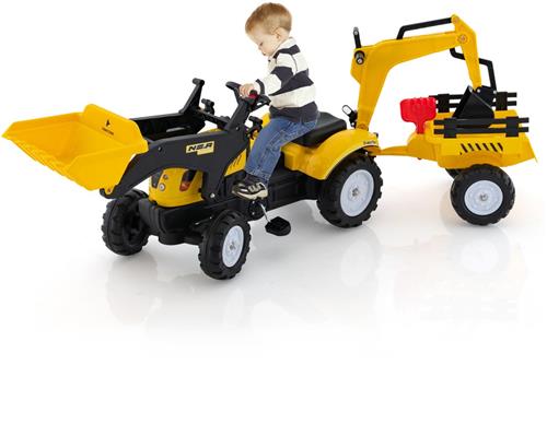 COSTWAY Tractor, kindertractor met afneembare aanhanger en grafschep, graaflader tot 35 kg belastbaar, graafmachine voor kinderen van 3 tot 6 jaar, geel