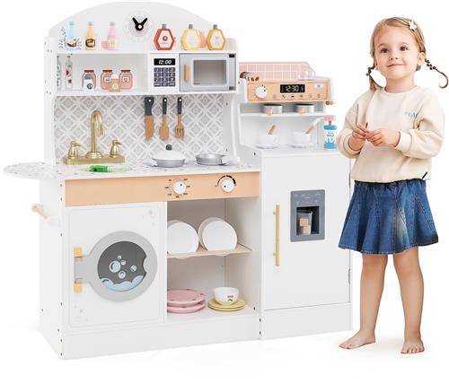 COSTWAY Kinderkeuken met 27 accessoires, houten speelkeuken met klok, magnetron, gootsteen, ijs- en koffiezetapparaat, serviesstandaard en wasmachine, speelgoedkeuken voor kinderen vanaf 2 jaar