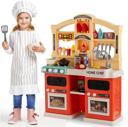 COSTWAY Kinderkeuken met verlichting, stoom en muziek en geluid, speelkeuken incl. accessoires, kinderspeelkeuken met waterpomp en spoelbak