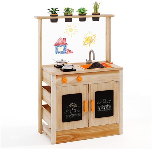 COSTWAY Modderkeuken voor kinderen, outdoor, kinderkeuken, hout met plantenpotten en kookaccessoires, speelkeuken met kraan, gootsteen en borden, outdoor keuken voor kinderen vanaf 3 jaar