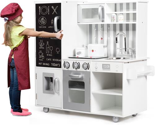 COSTWAY Kinderkeuken met bord en gesimuleerde geluiden, houten speelkeuken incl. speeltoebehoren, voor kinderen vanaf 3 jaar, wit, 83 x 32 x 80 cm