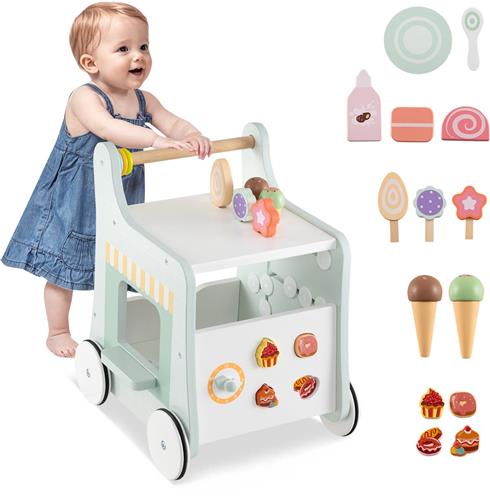 COSTWAY Houten loophulp met opbergruimte, dessertwinkel op wielen met ijs, schuivers, labyrint, bord en lepel, Montessori-activiteitencentrum voor kinderen vanaf 1 jaar (groen)