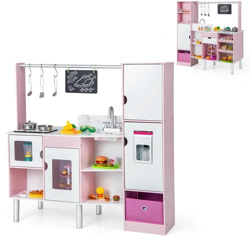 COSTWAY 2-in-1 kinderkeuken en winkelwinkel, speelkeuken met licht en geluid, interactieve ijsmaker en bord, incl. 82 accessoires, dubbelzijdig, speelgoedkeuken voor kinderen vanaf 3 jaar