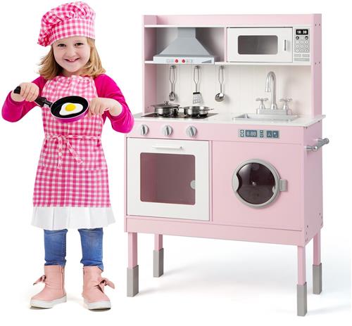 COSTWAY Kinderkeuken met speeltoebehoren, speelkeuken van hout incl. afzuigkap, wasmachine en echte geluiden en lichten, kokspeelset voor kinderen vanaf 3 jaar, roze