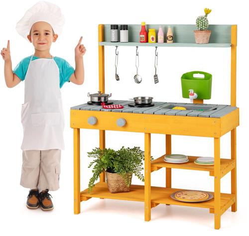 COSTWAY Modderkeuken voor kinderen, outdoor, kinderkeuken, hout met waterfunctie, speelkeuken met haak en afneembaar rek, tuinkeuken, cadeaus voor kinderen vanaf 3 jaar