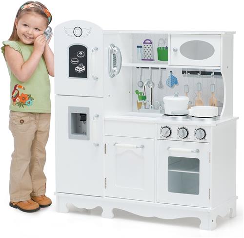 COSTWAY Kinderkeuken met realistisch licht & geluid, houten speelkeuken met koelkast, incl. speelaccessoires, voor kinderen vanaf 3 jaar, wit, 79 x 30 x 88,5 cm