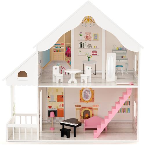 COSTWAY Poppenhuis van hout, poppenhuis met 2 verdiepingen met accessoires en meubels, speelgoed voor poppen van 28-36 cm, voor kinderen vanaf 3 jaar