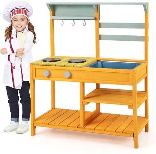 COSTWAY Modderkeuken voor kinderen, outdoor, kinderkeuken, hout met waterfunctie, speelkeuken voor kinderen met haak en afneembaar rek, tuinkeuken, cadeaus voor kinderen vanaf 3 jaar