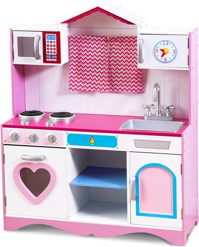 COSTWAY Kinderkeuken, speelkeuken, houten keuken met afneembare spoelbak, magnetron, oven, speelgoedkeuken, houten keuken voor kinderen vanaf 3 jaar, 82 x 30 x 100,5 cm, roze