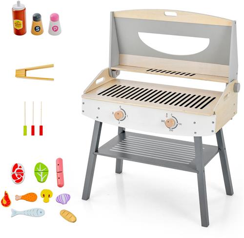 COSTWAY Kinderbarbecue-speelset, speelkeuken van hout met klem en accessoires, BBQ speelset, speelgoedgrill voor meisjes en jongens vanaf 3 jaar