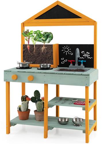 COSTWAY Modderkeuken kinderen outdoor, kinderkeuken dennenhout met plantenbakken & 2 krijtborden & kraan & wastafel, speelkeuken outdoor keuken voor kinderen vanaf 3 jaar, incl. 8 accessoires