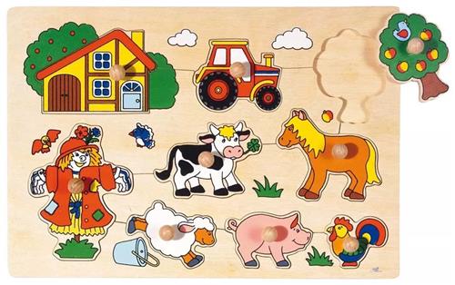 Goki Houten Noppenpuzzel Boerderij Retro  Duurzaam Hoogwaardig Houten Speelgoed voor Peuters  Educatieve Puzzel met 5 Delen en Noppen  Veilig, Stevig en Leerzaam  Stimuleert Motoriek, Herkennen en Cognitieve Ontwikkeling