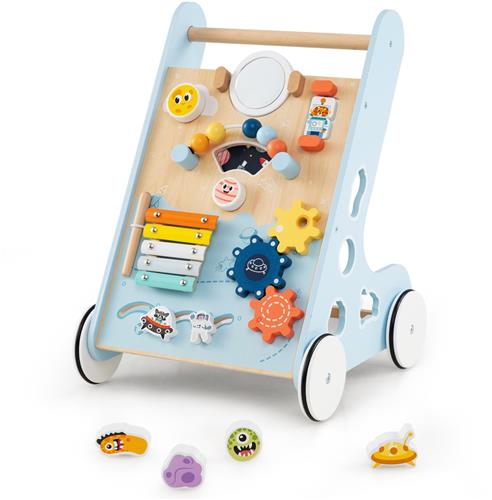 COSTWAY Montessori loopwagen, hout, loophulp om te duwen en te trekken, loopspeelgoed met wielen, loopwagen voor jongens en meisjes vanaf 1 jaar, 35 x 33 x 47 cm (ruimteblauw)