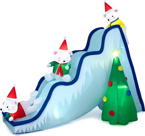 COSTWAY Opblaasbare kerstdecoratie voor buiten, 220 cm, led, kerstglijbaan, opblaasbare kerstdecoratie met ventilator, sneeuwglijbaan en kerstboom en 3 ijsberen