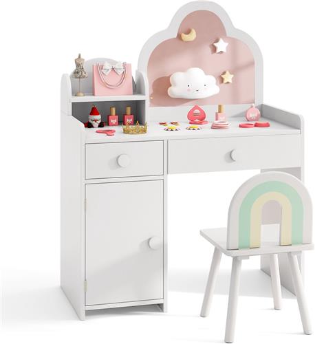 COSTWAY Make-uptafel voor kinderen, wolkvormig, 2-in-1 kaptafel met kruk, houten make-upkam met spiegel, kast en 2 laden, make-uptafel voor meisjes van 3 tot 7 jaar, wit