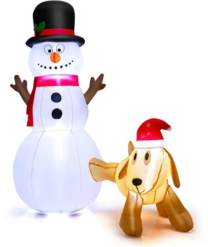 COSTWAY Opblaasbare sneeuwpop met hond, 180 cm, kerstdecoratie met ledverlichting, grote kerstverlichting voor binnen en buiten, zelfopblazend