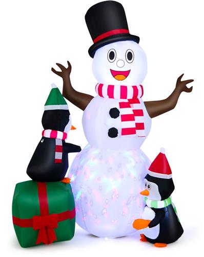 COSTWAY Opblaasbare sneeuwpop met pinguÃ¯ns, 180 cm, kerstdecoratie voor buiten, XL, kerstdecoratie voor buiten, met kleurrijke ledverlichting, feestdecoratie, zelfopblazend