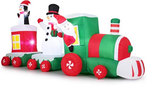 COSTWAY Opblaasbare Kersttrein 350 cm met LED-Verlichting, Kerstman, Sneeuwpop en PinguÃ¯n, XXL Kerstdecoratie voor Tuin, Feest en Gazon