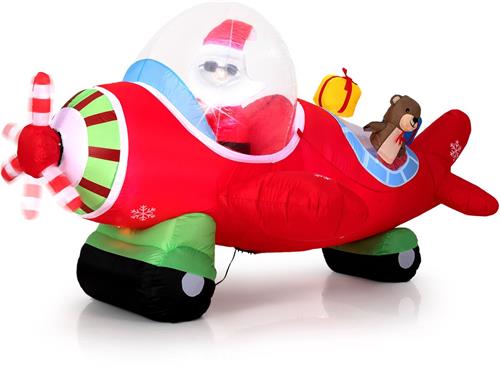 COSTWAY 220 cm opblaasbare Kerstman in een vliegtuig, kerstversiering met geschenkdoos en led-lampjes, verlichte kerstverlichting van polyester, kerstversiering voor tuin, gazon