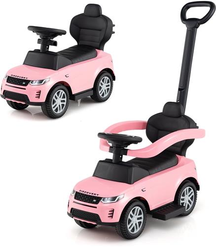 COSTWAY 3-in-1 glijauto met schuifstang, glijvoertuig met afneembare handgreep en beschermbeugel, voor kinderen vanaf 1 jaar, roze