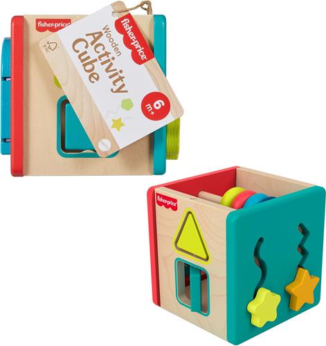 Mattel houten activity cube speelgoed voor peuters en baby's.