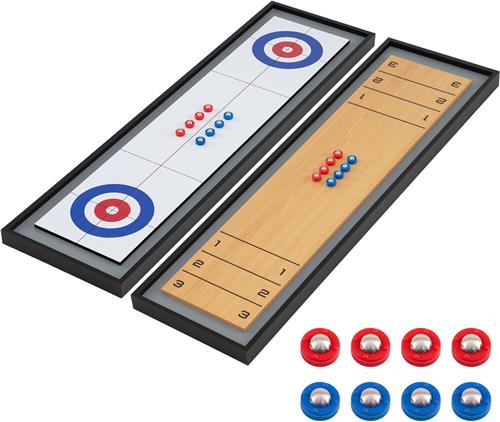 COSTWAY 2-in-1 Shuffleboard en Curling, 114 x 32 cm Bordspellen met 8 Pucks, Draagbaar Tafelshuffleboard, Tafeltop Spel van Hout, Tafelkegelspel voor Kinderen en Volwassenen