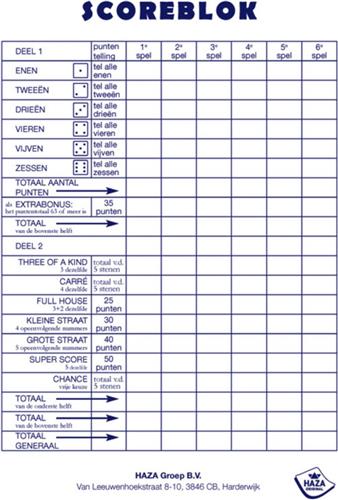 Scoreblok Yahtzee - 250 vel