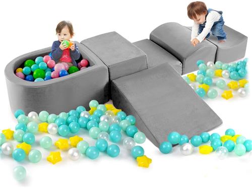 COSTWAY 5-delige schuimbouwstenen, reuzenbouwstenen met ballenbad, grote bouwstenen om te ravotten en te klimmen, klimblokken, zachte bouwstenen (bruin)