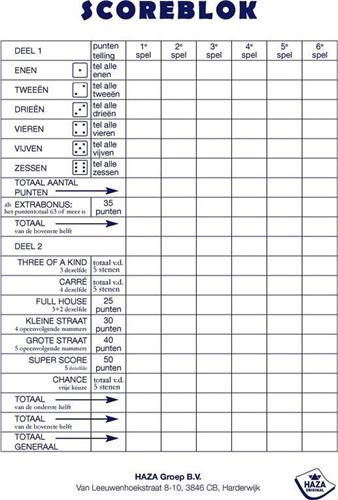 Haza Original Scoreblok Yahtzee 50 Vel