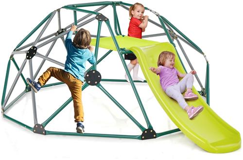 COSTWAY Klimkkoepel met glijbaan, klimrek in koepelvorm met stoffen platform, 180 kg belastbaarheid, outdoor en indoor speelplaats voor kinderen vanaf 3 jaar (groen + grijs, Ã˜ 183 cm)