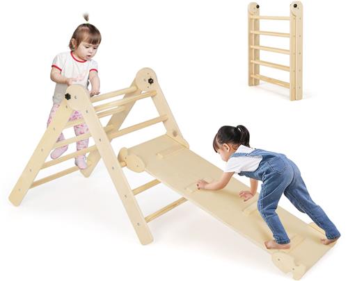 COSTWAY Klimdriehoek met glijbaan, houten sporten inklapbaar en in hoogte verstelbaar, incl. dubbelzijdige helling, voor klimmen en glijden, klimrek voor binnen vanaf 1 jaar (natuur)