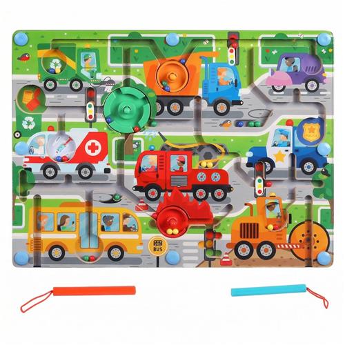 BOTC Magnetisch Doolhof - Magnetisch Kleur- en Nummerdoolhof - Houten Kleurmatch Leer- en Telpuzzelbord - Motorisch Speelgoed voor Peuters en Meisjes van 3-5 jaar - Auto's en Vervoer