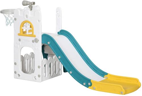 Merax 4-in-1 Kinderglijbaan met Klimtrap - Basketbalring en Speelverrekijker  Met Opbergmand  Voor Binnen en Buiten  Geel  70Ã—177Ã—92 cm