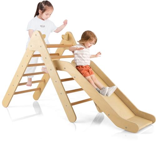 COSTWAY Klimdriehoek met glijbaan klimrek van hout kiependriehoek om te glijden en te klimmen voor kinderen vanaf 1 jaar (natuur) 86 5 x 48 x 73 5 cm