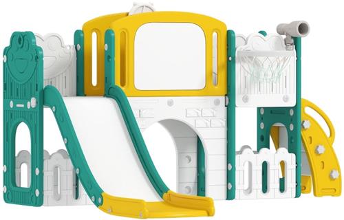 Merax 7-in-1 Speelset met Glijbaan voor Peuters  Klimtoestel met Basketbalring - Schommelzitje en Kruiptunnel  Kikkerontwerp  Voor Binnen en Buiten  Geel en Groen