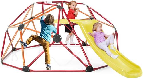 COSTWAY Klimkkoepel met glijbaan, klimrek in koepelvorm met stoffen platform, 180 kg belastbaarheid, outdoor en indoor speelplaats voor kinderen vanaf 3 jaar (oranje + rood, Ã˜ 183 cm)