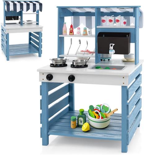 COSTWAY Modderkeuken voor kinderen, outdoor, kinderkeuken, dennenhout met waterfunctie, dubbelzijdige speelkeuken met dak en 6 accessoires, outdoorkeuken voor kinderen vanaf 3 jaar (blauw)